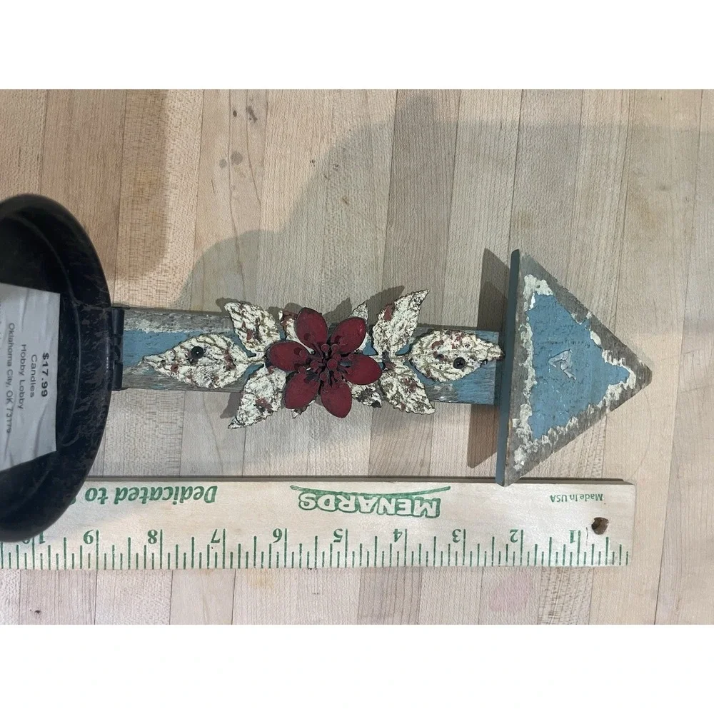 Folk Art Wood Arrow Shaped Candle Sconce Metal Flower Motif & Folding Cup 15.5